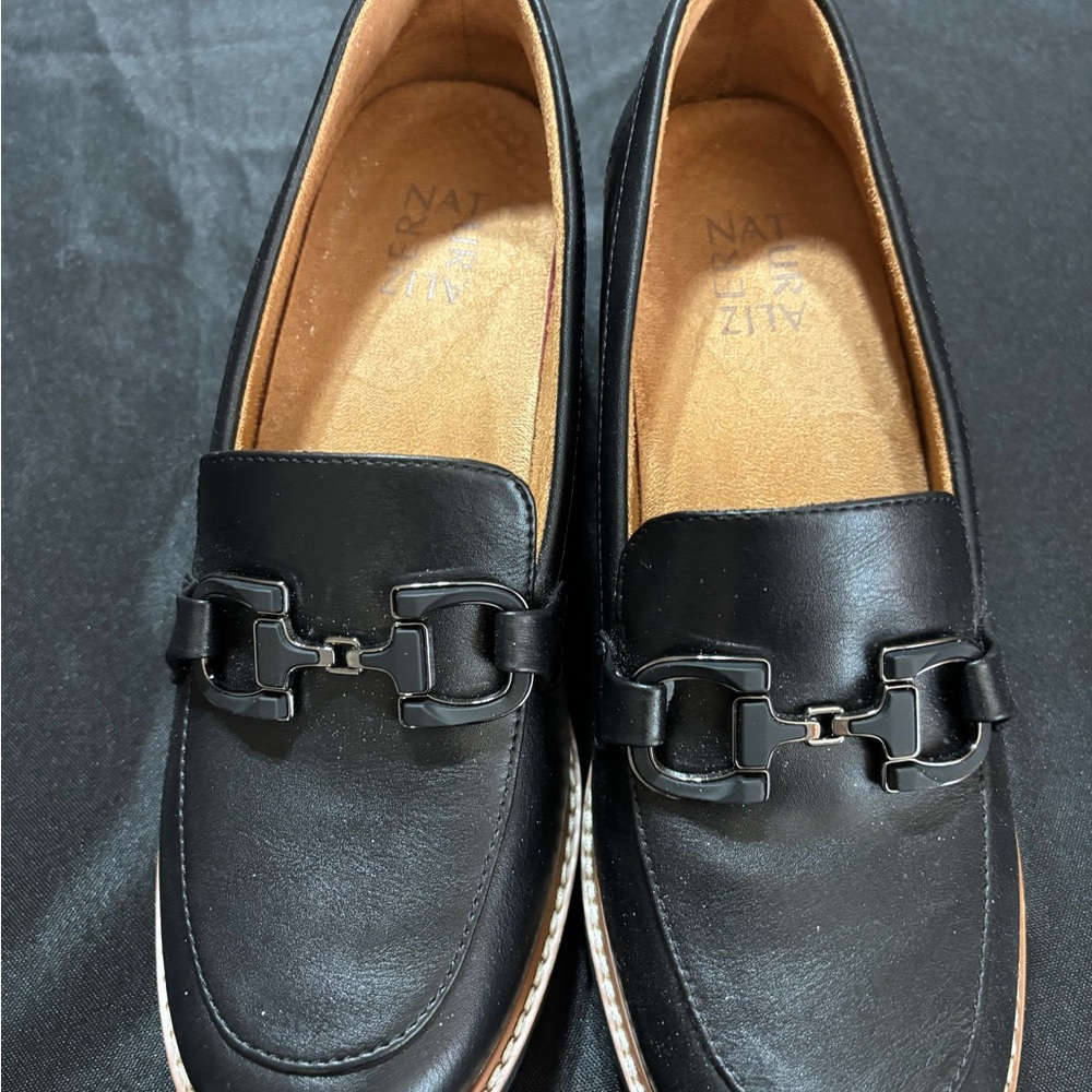 Naturalizer Women's Black Leather Loafers with Buckle Detail